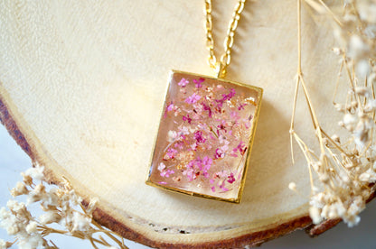 Real Dried Flowers in Resin Necklace, Gold Rectangle in Pink Mix