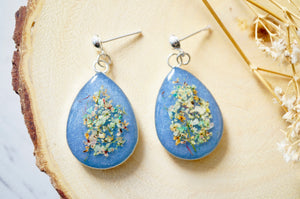 Real Dried Flowers and Resin Earrings, Large Silver Teardrops in Blue and Pastel Mix