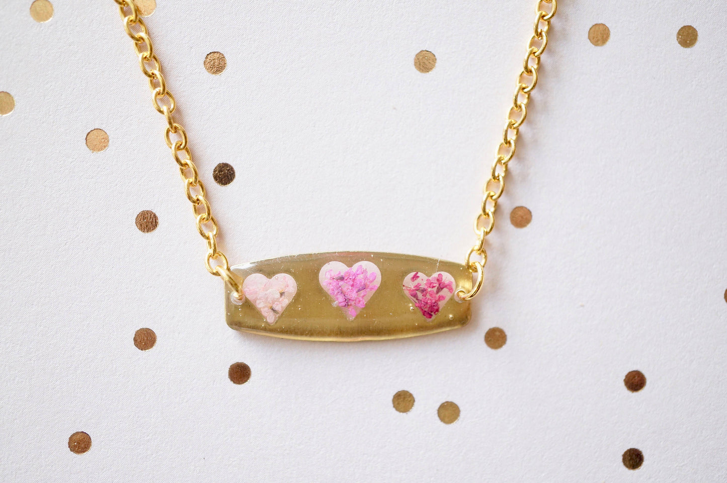 Real Flowers and Resin Necklace, Brass Hearts in Pinks, Valentine's Day Gift