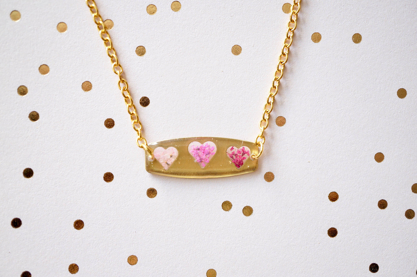 Real Flowers and Resin Necklace, Brass Hearts in Pinks, Valentine's Day Gift