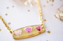 Real Flowers and Resin Necklace, Brass Hearts in Pinks, Valentine's Day Gift