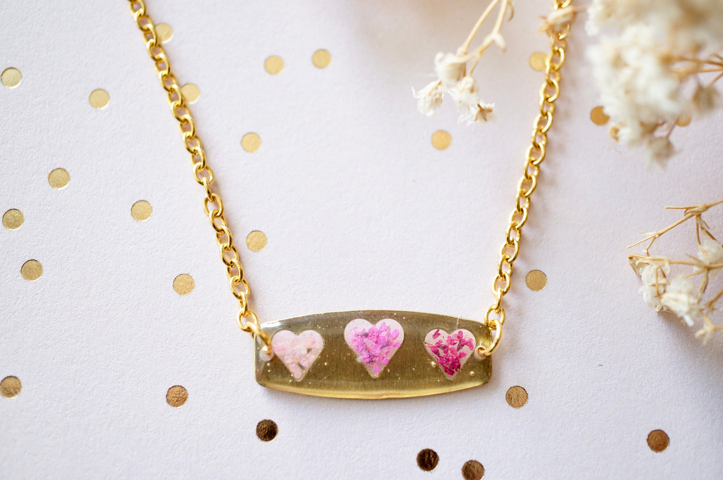 Real Flowers and Resin Necklace, Brass Hearts in Pinks, Valentine's Day Gift