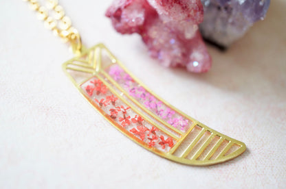 Real Dried Flowers in Resin, Brass Tribal Horn Necklace in Teal Pink Yellow