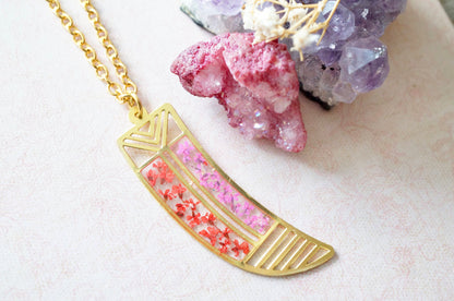 Real Dried Flowers in Resin, Brass Tribal Horn Necklace in Teal Pink Yellow