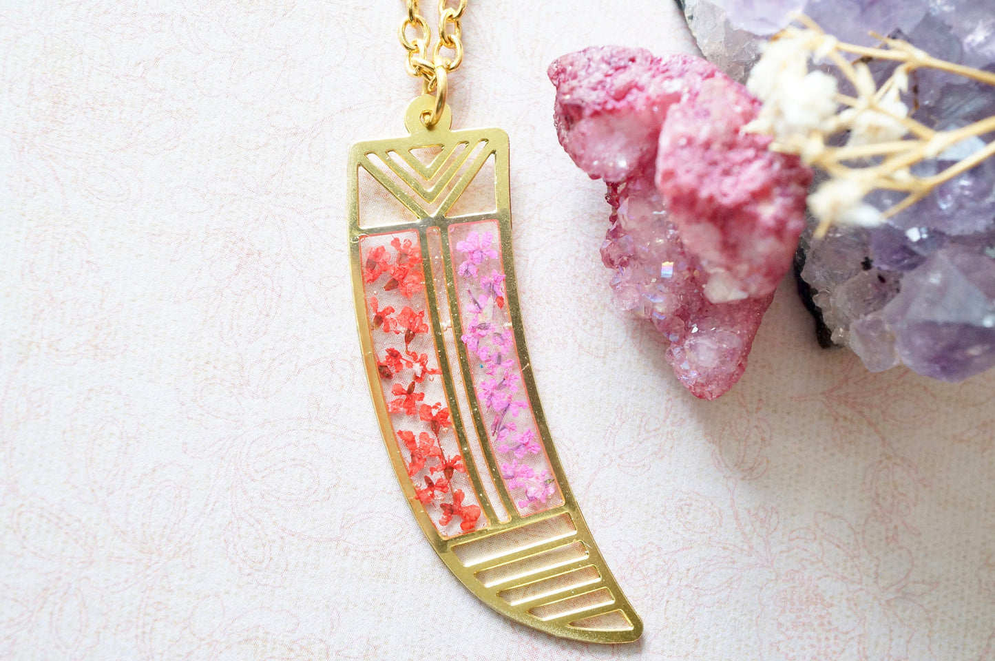 Real Dried Flowers in Resin, Brass Tribal Horn Necklace in Teal Pink Yellow