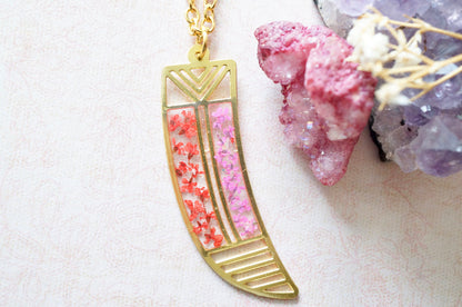 Real Dried Flowers in Resin, Brass Tribal Horn Necklace in Teal Pink Yellow