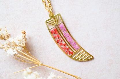 Real Dried Flowers in Resin, Brass Tribal Horn Necklace in Teal Pink Yellow