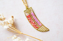 Real Dried Flowers in Resin, Brass Tribal Horn Necklace in Teal Pink Yellow