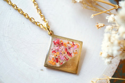 Real Dried Flowers in Resin, Brass Diamond Necklace in Pink Red Orange