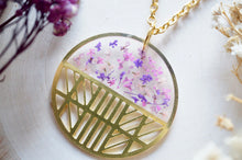 Real Dried Flowers in Resin, Brass Circle Necklace in Purple Mix