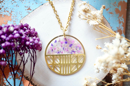 Real Dried Flowers in Resin, Brass Circle Necklace in Purple Mix