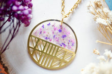 Real Dried Flowers in Resin, Brass Circle Necklace in Purple Mix