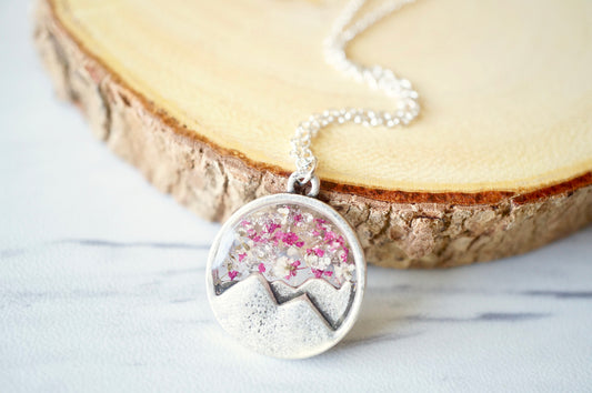 Real Dried Flowers in Resin, Silver Mountain Necklace in Pink and White