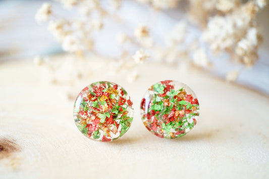 Real Dried Flowers and Resin Circle Stud Earrings in Red and Green - Christmas Gift