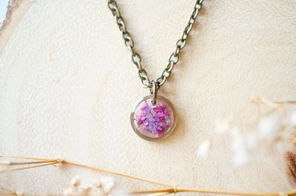 Real Dried Flowers in Resin Necklace, Small Bronze Circle in Pinks and Purple