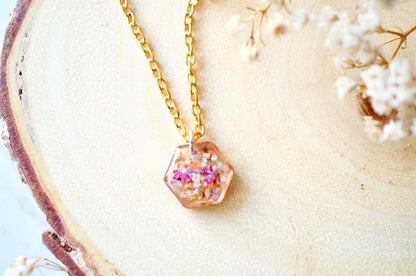 Real Dried Flowers in Resin Necklace, Small Rose Gold Hexagon in Purple Pink Orange White