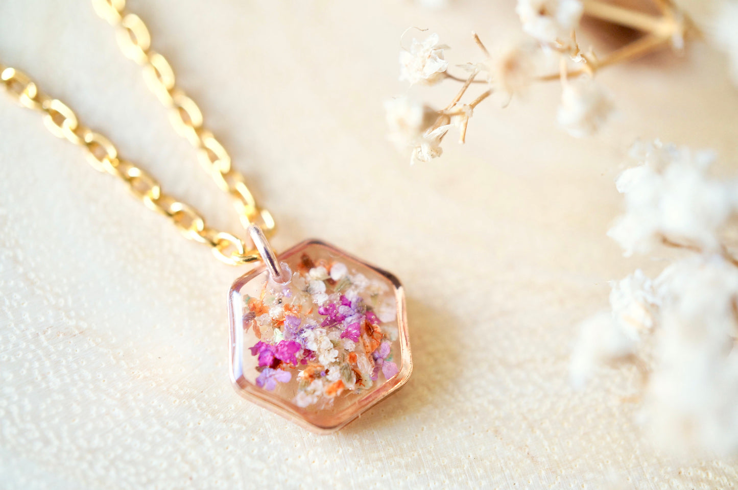 Real Dried Flowers in Resin Necklace, Small Rose Gold Hexagon in Purple Pink Orange White