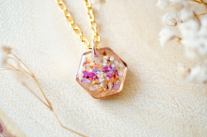 Real Dried Flowers in Resin Necklace, Small Rose Gold Hexagon in Purple Pink Orange White