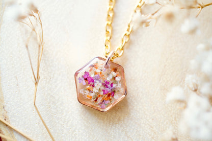 Real Dried Flowers in Resin Necklace, Small Rose Gold Hexagon in Purple Pink Orange White