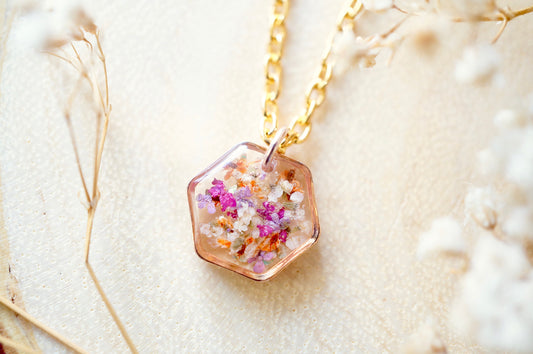 Real Dried Flowers in Resin Necklace, Small Rose Gold Hexagon in Purple Pink Orange White