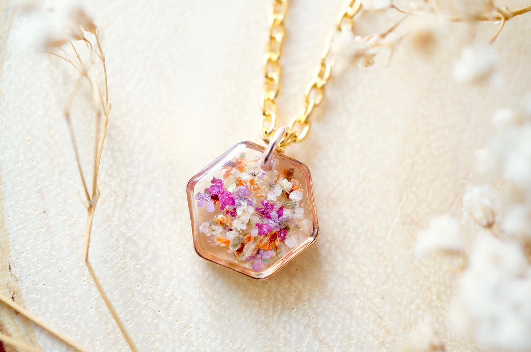 Real Dried Flowers in Resin Necklace, Small Rose Gold Hexagon in Purple Pink Orange White
