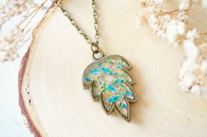 Real Dried Flowers and Resin Necklace, Bronze Leaf in Blue Green Yellow White