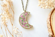 Real Pressed Flower and Resin Moon Necklace in Green and Pink