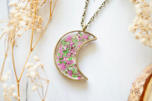 Real Pressed Flower and Resin Moon Necklace in Green and Pink