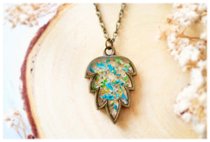 Real Dried Flowers and Resin Necklace, Bronze Leaf in Blue Green Yellow White