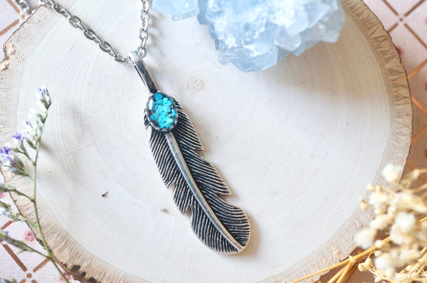 Real Pressed Flowers and Resin Necklace, Silver Feather in Teal