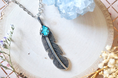 Real Pressed Flowers and Resin Necklace, Silver Feather in Teal