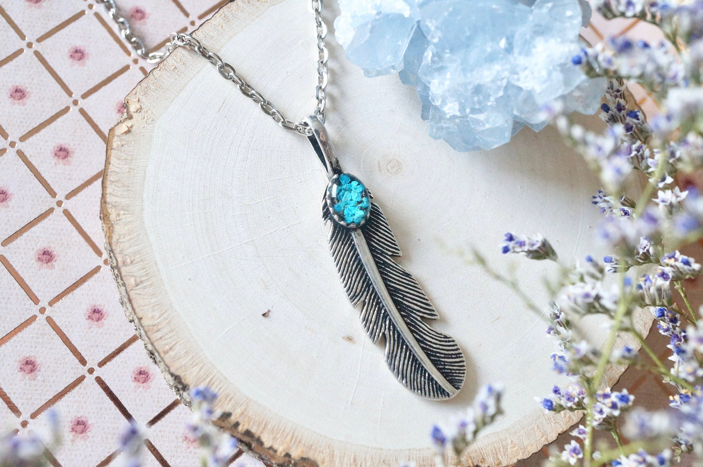 Real Pressed Flowers and Resin Necklace, Silver Feather in Teal