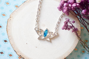 Real Pressed Flowers and Resin Necklace Silver Lotus Flower in Teal and Blue