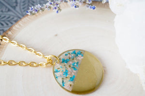 Real Dried Flowers in Resin, Brass Circle Necklace in Blue Pink White