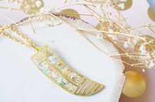 Real Dried Flowers in Resin, Brass Tribal Horn Necklace in Pastel Mix