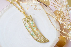 Real Dried Flowers in Resin, Brass Tribal Horn Necklace in Pastel Mix