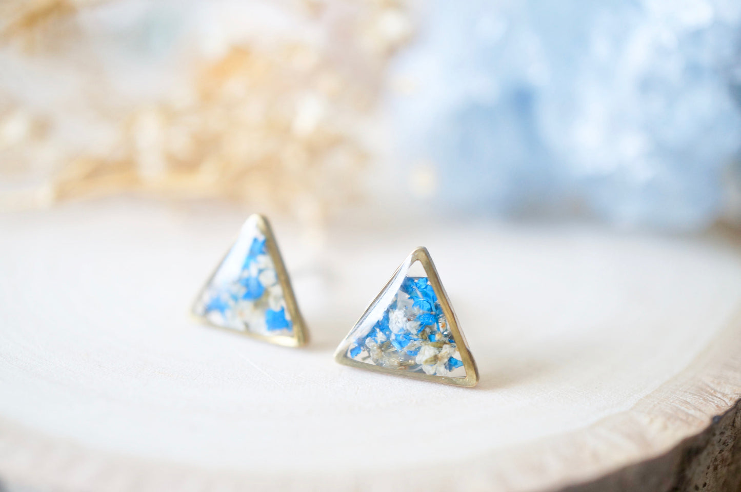 Real Dried Flowers and Resin Triangle Stud Earrings in White and Cobalt Blue