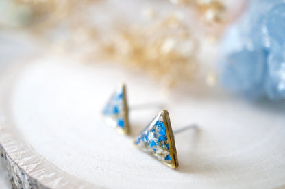 Real Dried Flowers and Resin Triangle Stud Earrings in White and Cobalt Blue