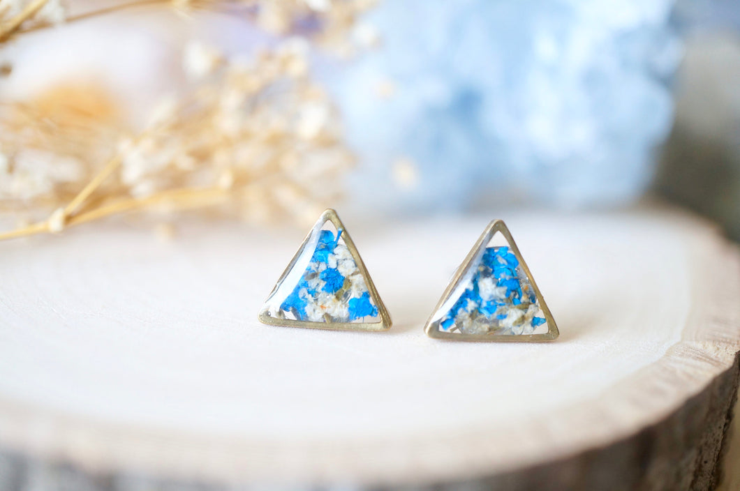Real Dried Flowers and Resin Triangle Stud Earrings in White and Cobalt Blue
