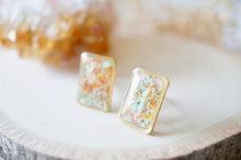 Real Dried Flowers and Resin Stud Earrings, Gold Rectangle in Orange Yellow Pink Mint