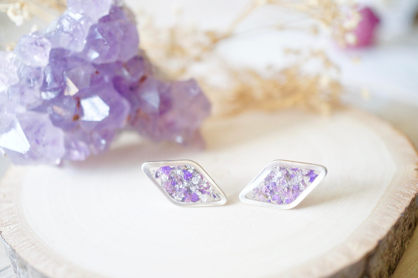 Real Dried Flowers and Resin Diamond Stud Earrings in Purple and Silver Flake