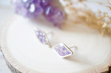 Real Dried Flowers and Resin Diamond Stud Earrings in Purple and Silver Flake