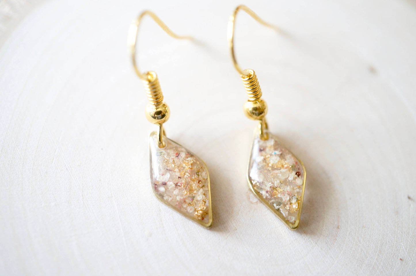 Real Dried Flowers and Resin Earrings in Gold with Whites Champagne Mix with Real Gold Foil