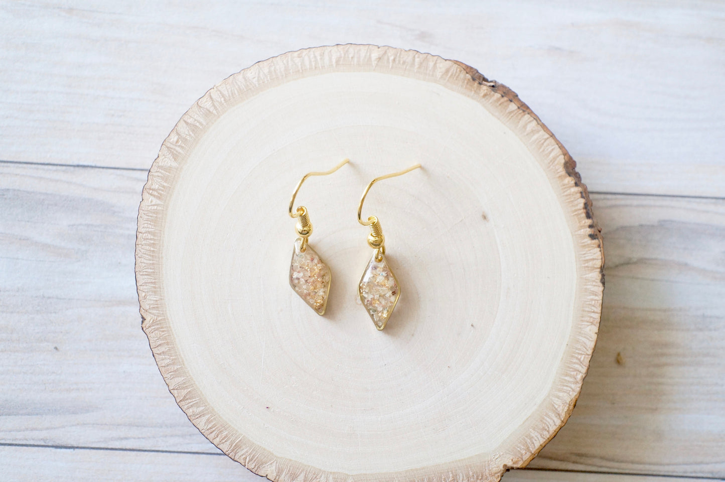 Real Dried Flowers and Resin Earrings in Gold with Whites Champagne Mix with Real Gold Foil