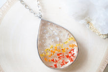 Real Dried Flowers in Resin, Silver Necklace in Red Orange Yellow and Silver Foil Flakes