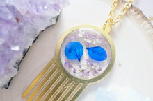 Real Dried Flowers in Resin, Brass Necklace in Blue Purple and White