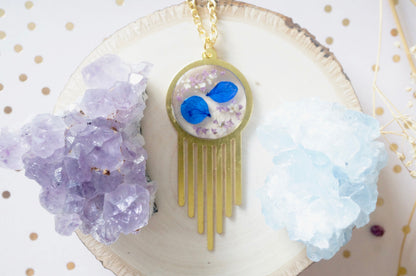 Real Dried Flowers in Resin, Brass Necklace in Blue Purple and White