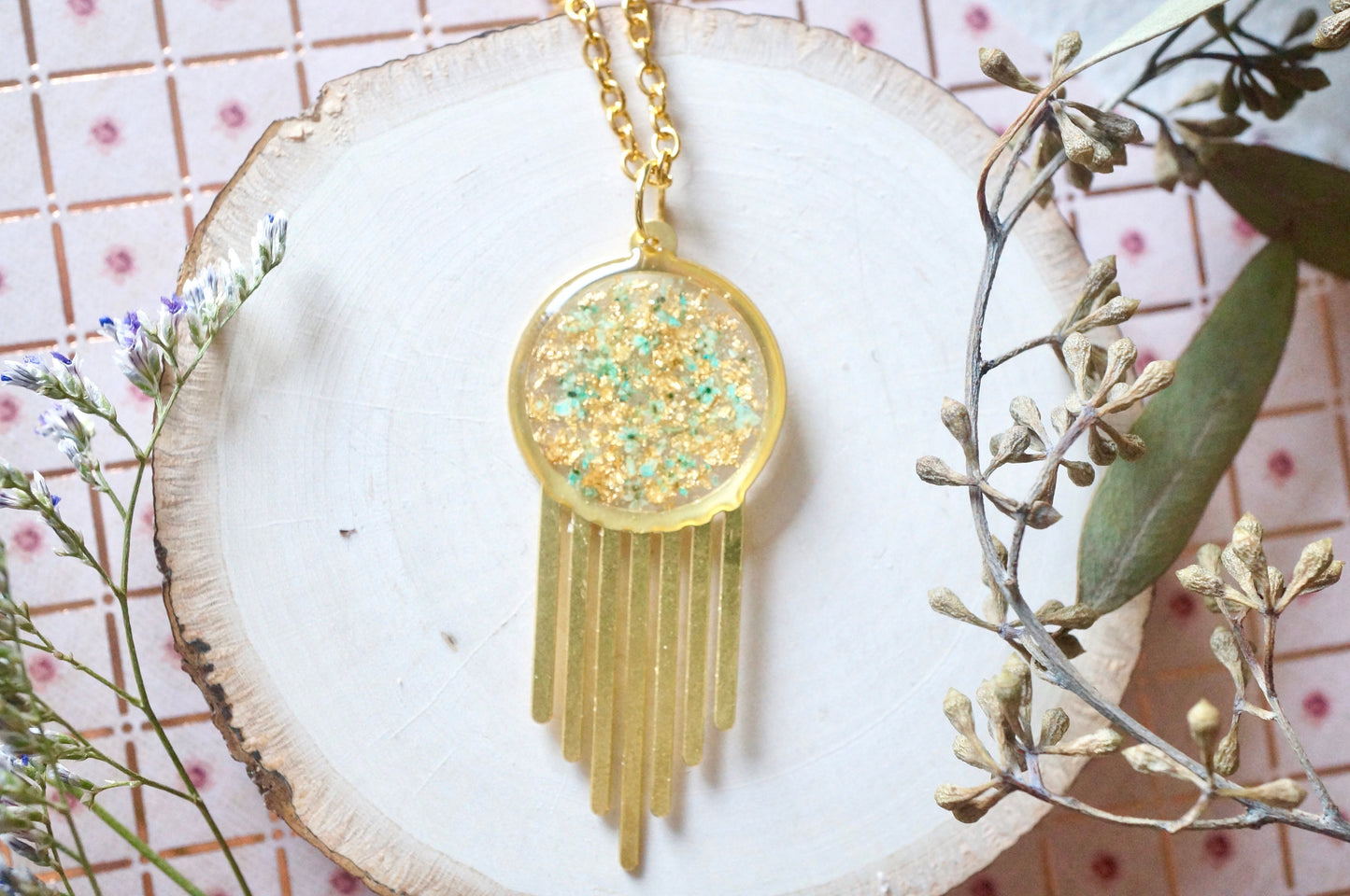 Real Dried Flowers in Resin, Brass Necklace in Mint With Gold Foil