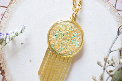 Real Dried Flowers in Resin, Brass Necklace in Mint With Gold Foil