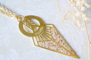 Real Dried Flowers in Resin, Brass Necklace in Baby Pink and White